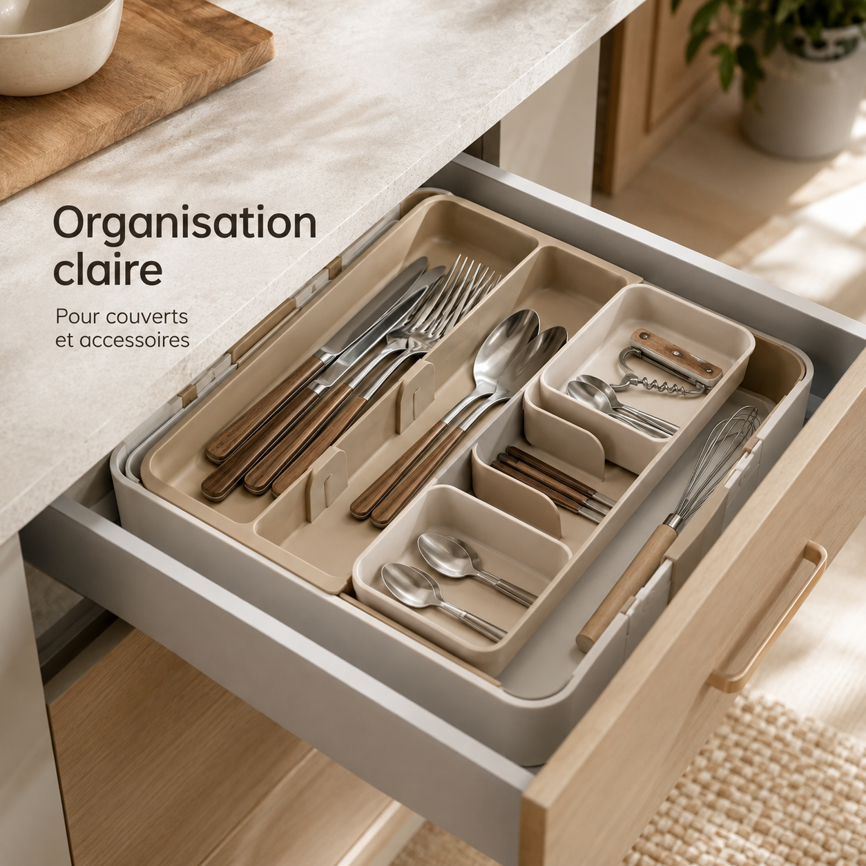 Organisateur de Tiroir Modulable à Plateaux Coulissants – Beige