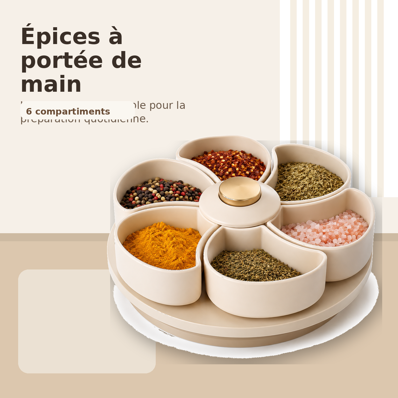 Organisateur à Épices Rotatif 6 Compartiments – Beige