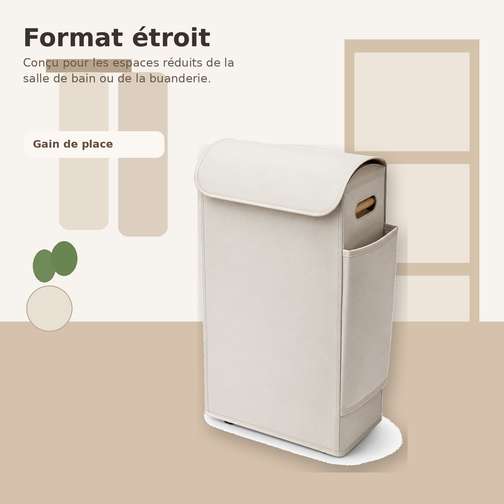 Panier à Linge Étroit avec Poche Latérale – Beige