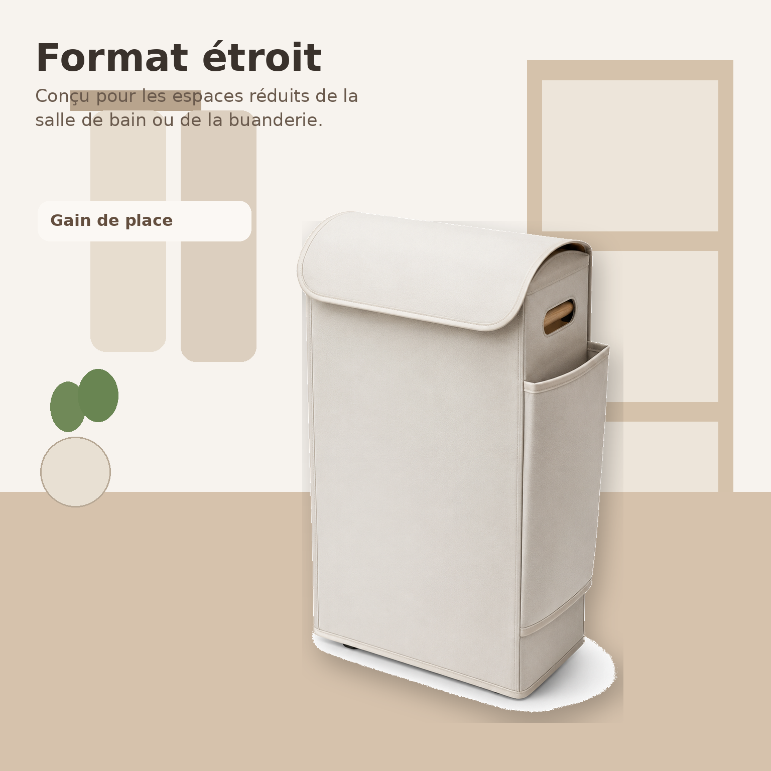 Panier à Linge Étroit avec Poche Latérale – Beige