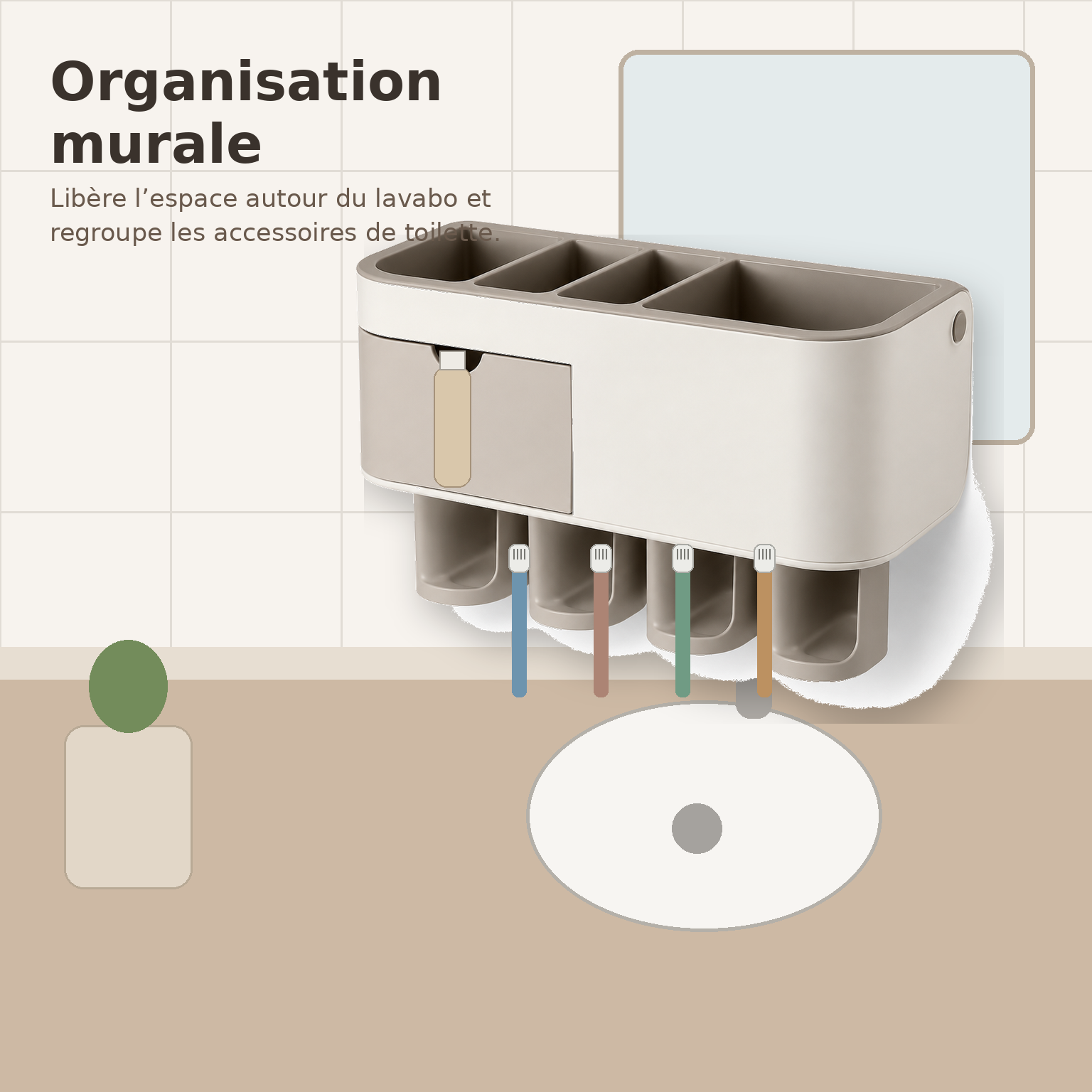 Organisateur Mural pour Brosses à Dents avec Tiroir – Beige