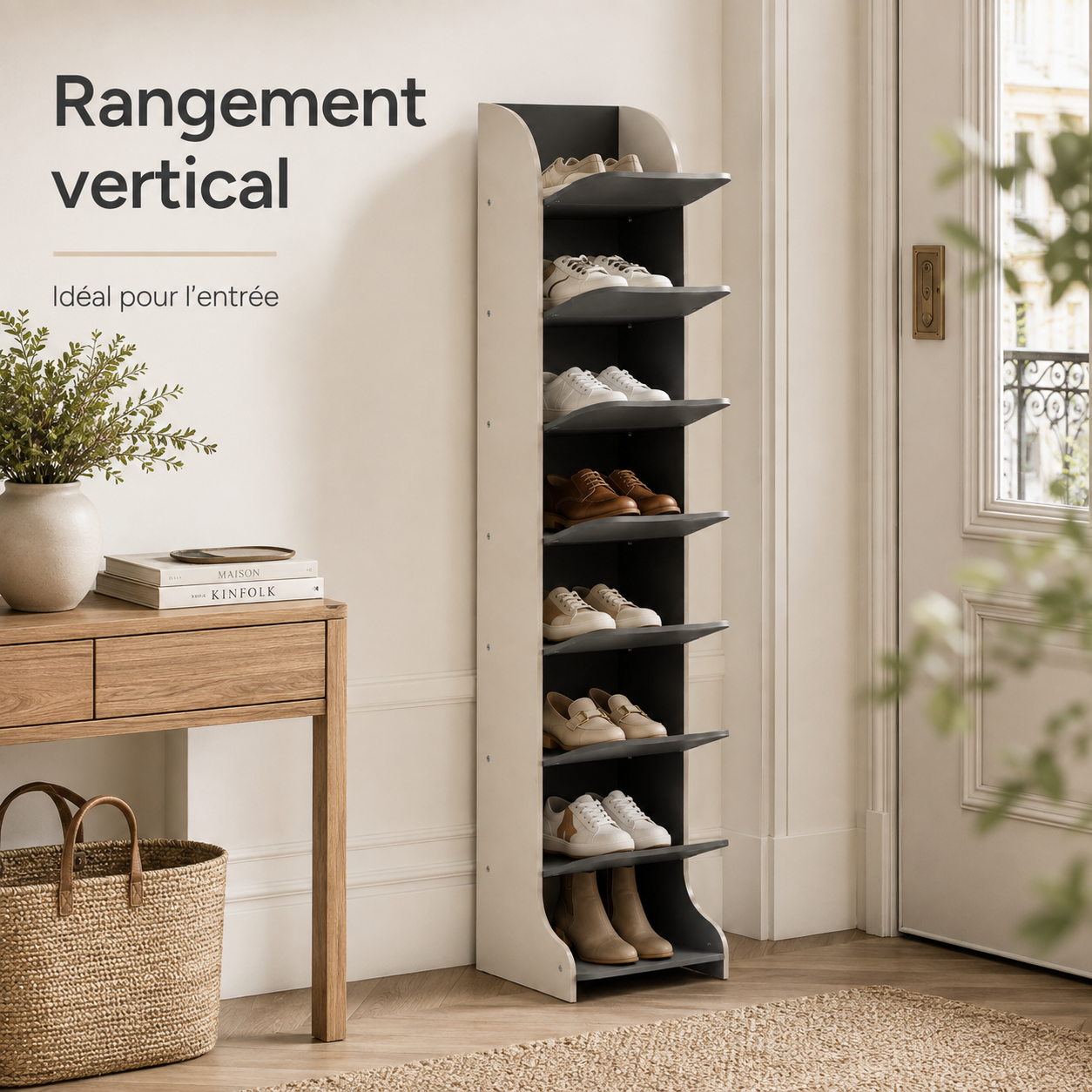 Étagère à Chaussures Verticale 7 Niveaux – Beige et Anthracite