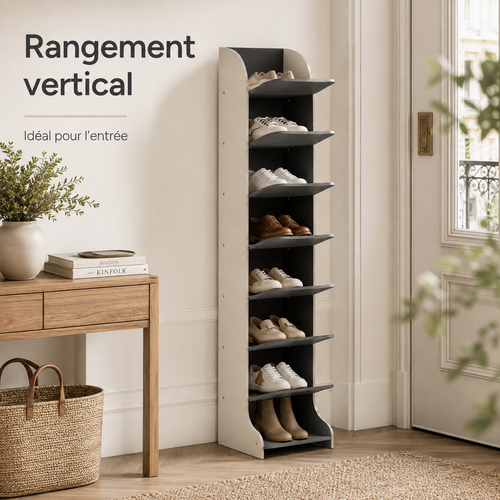 Étagère à Chaussures Verticale 7 Niveaux – Beige et Anthracite
