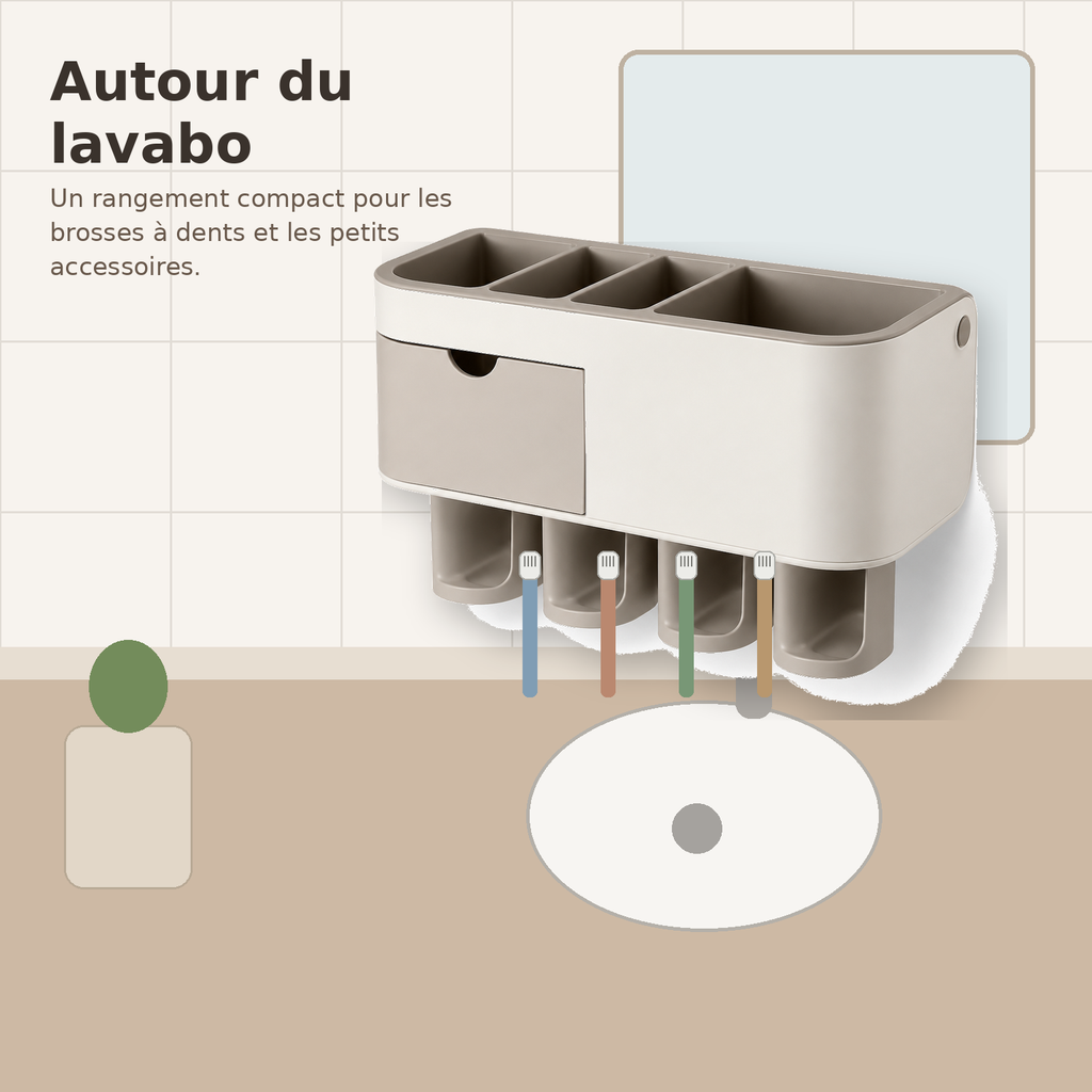 Organisateur Mural pour Brosses à Dents avec Tiroir – Beige