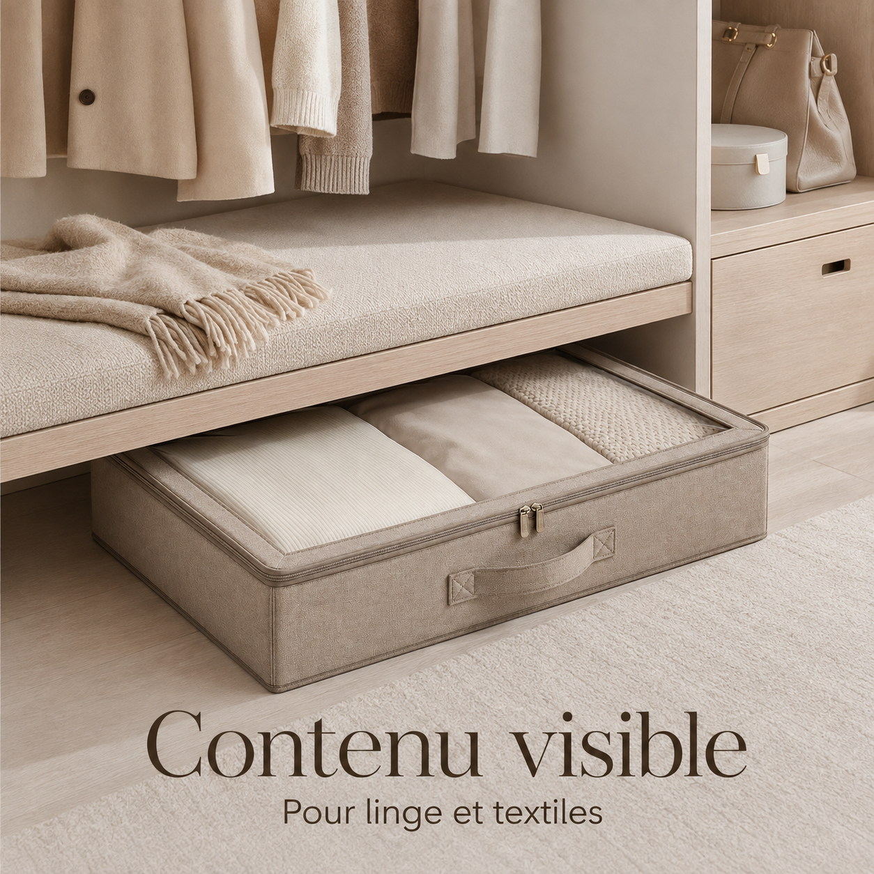 Boîte de Rangement Sous Lit avec Fenêtre Transparente – Taupe