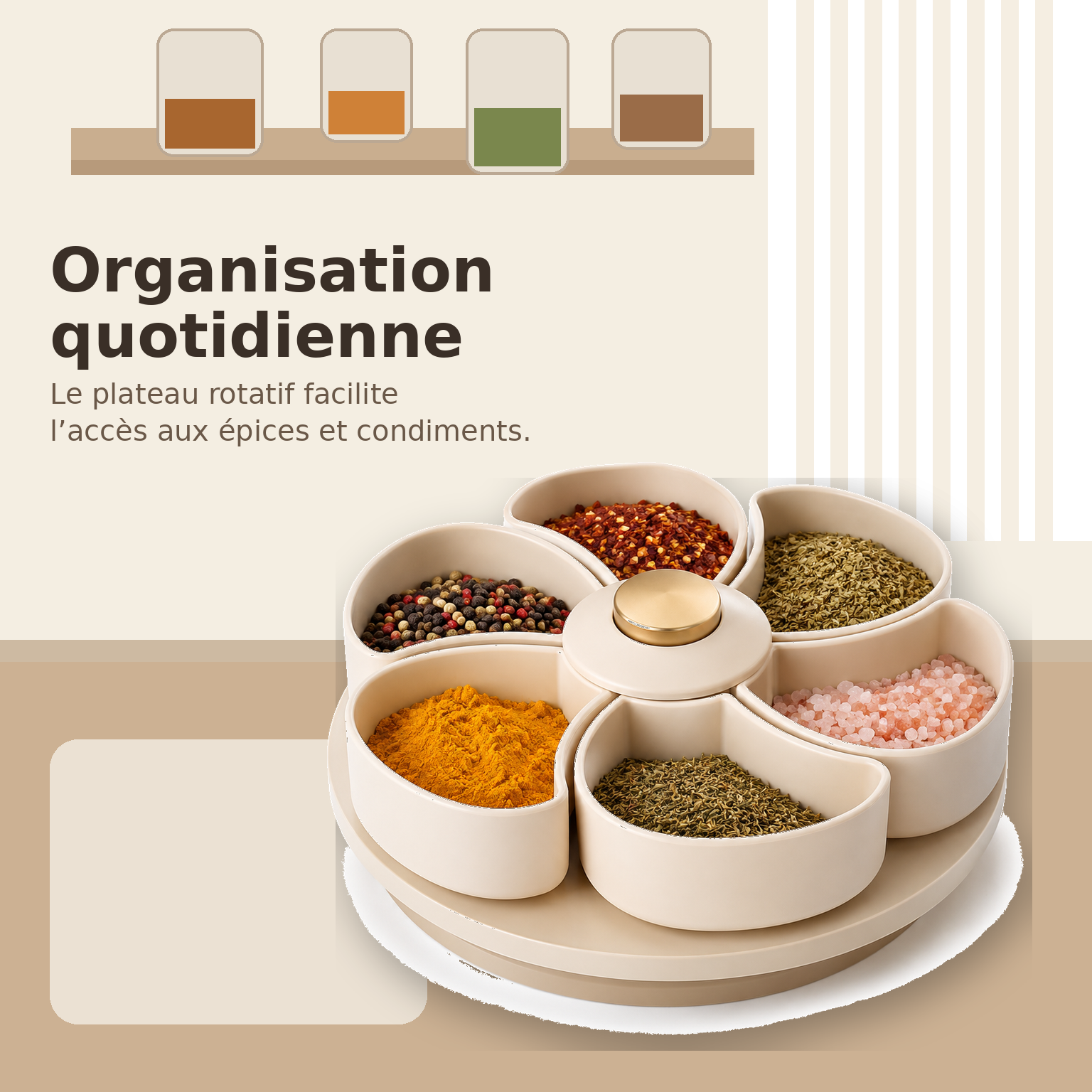 Organisateur à Épices Rotatif 6 Compartiments – Beige