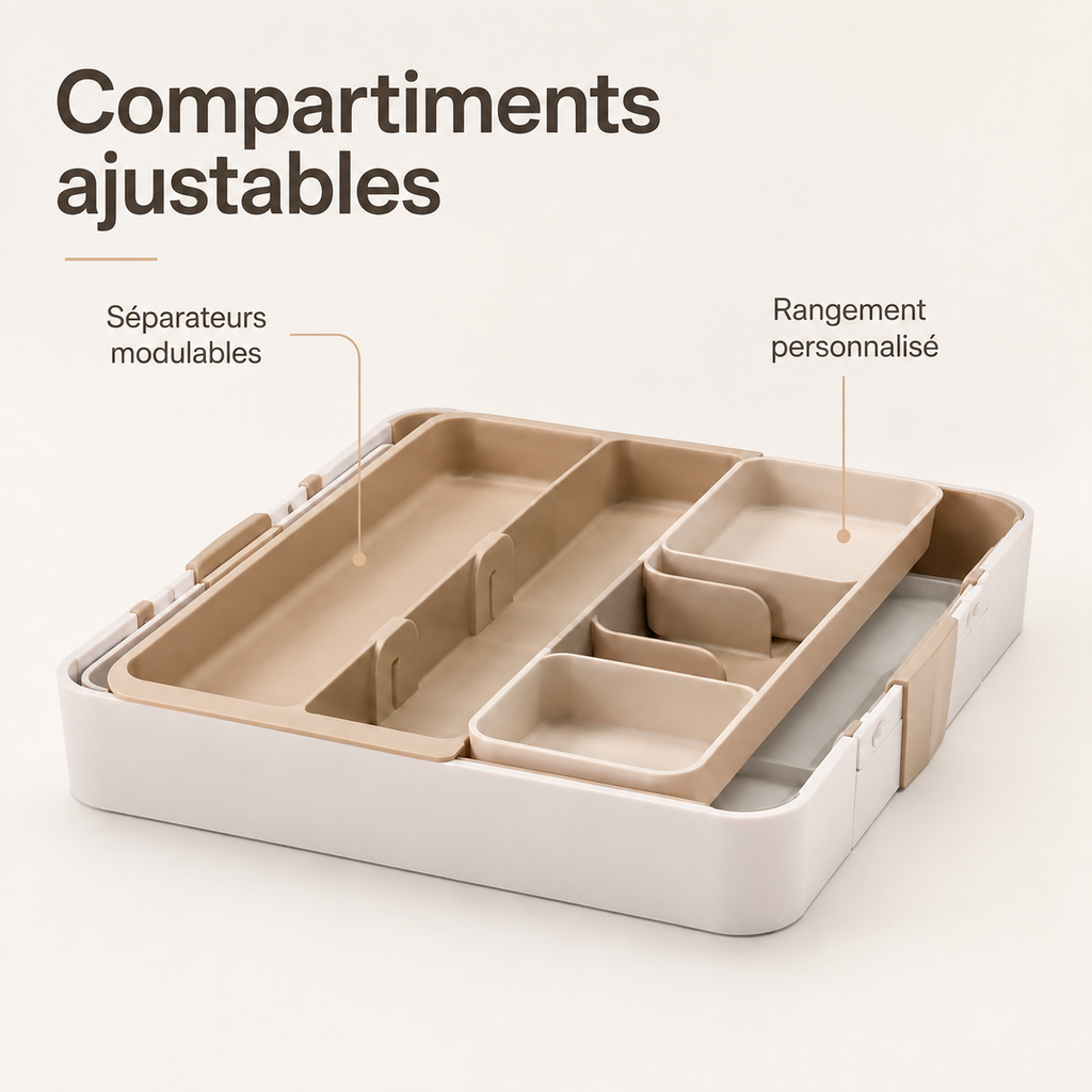 Organisateur de Tiroir Modulable à Plateaux Coulissants – Beige