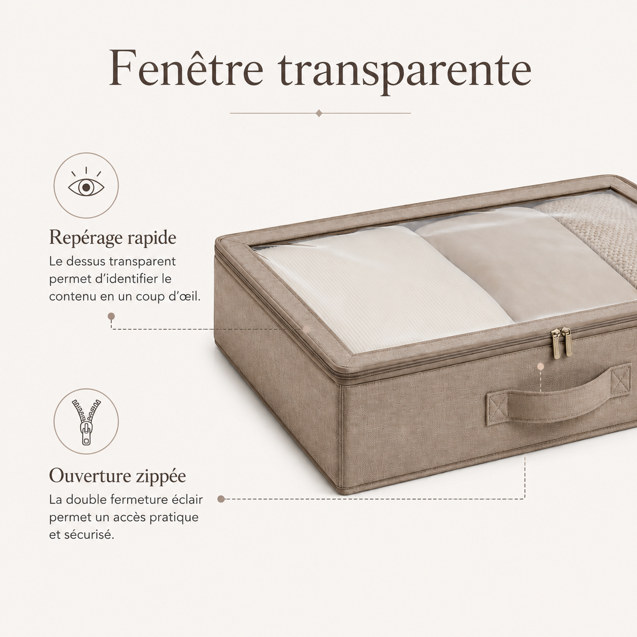 Boîte de Rangement Sous Lit avec Fenêtre Transparente – Taupe