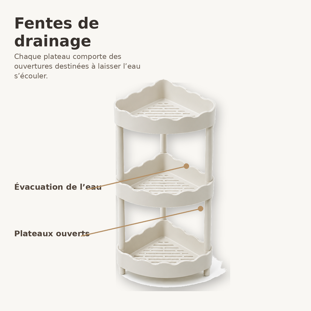 Étagère d’Angle de Douche 3 Niveaux à Bords Ondulés – Ivoire