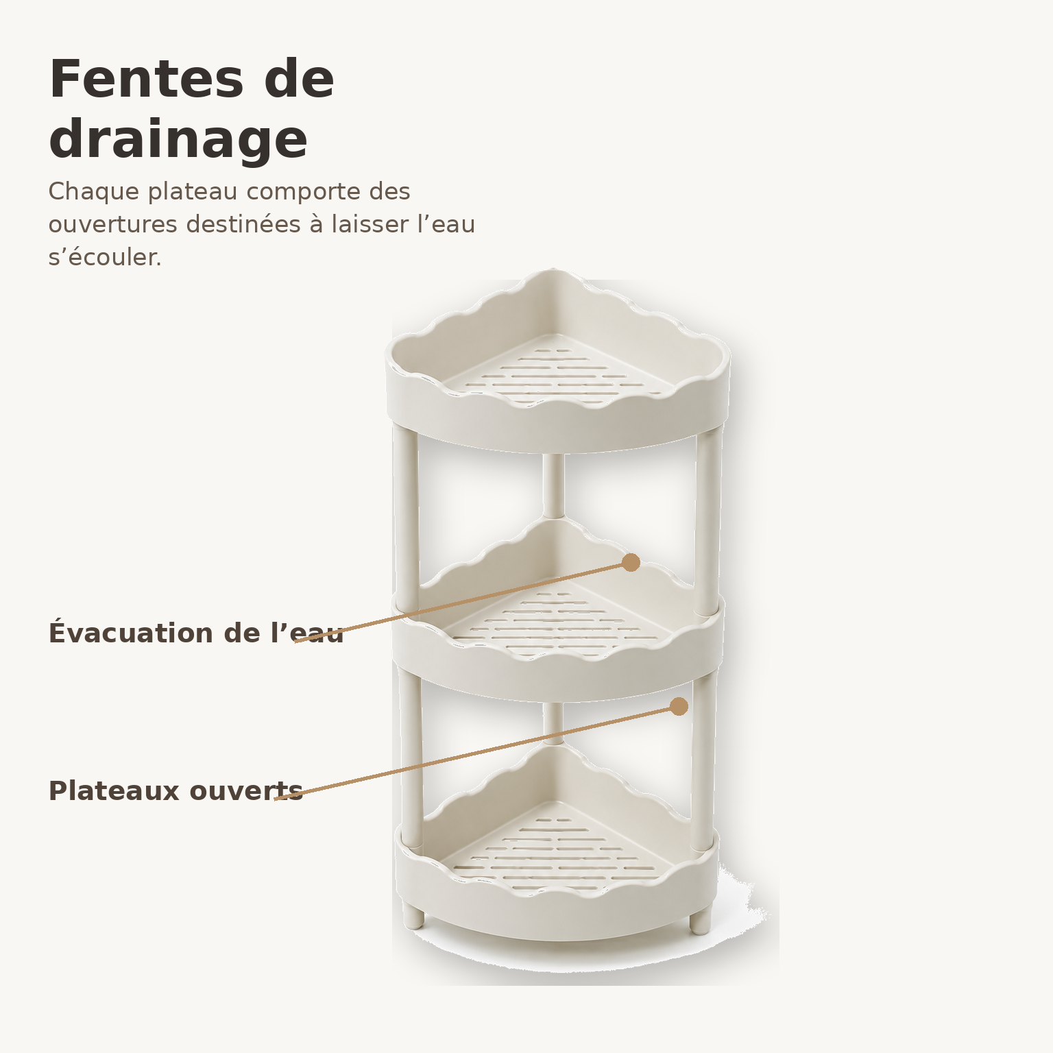 Étagère d’Angle de Douche 3 Niveaux à Bords Ondulés – Ivoire