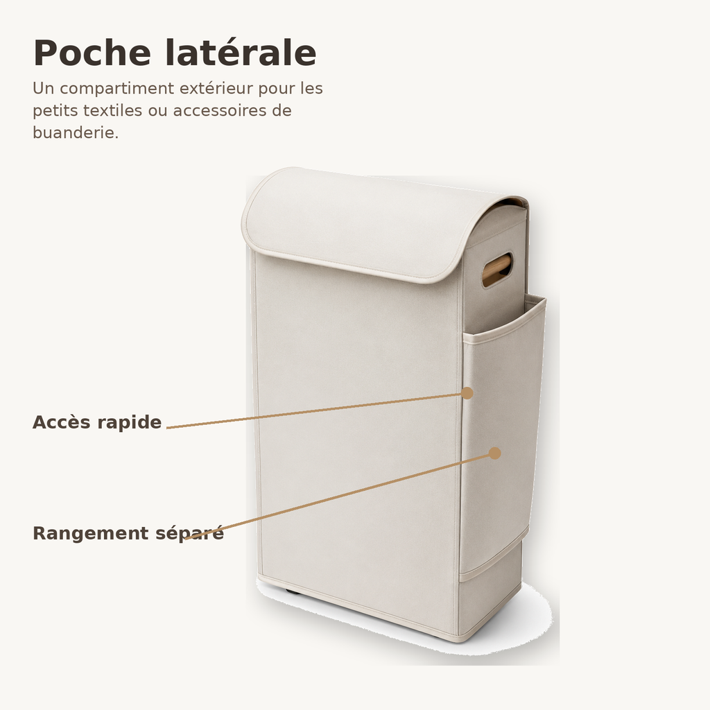 Panier à Linge Étroit avec Poche Latérale – Beige
