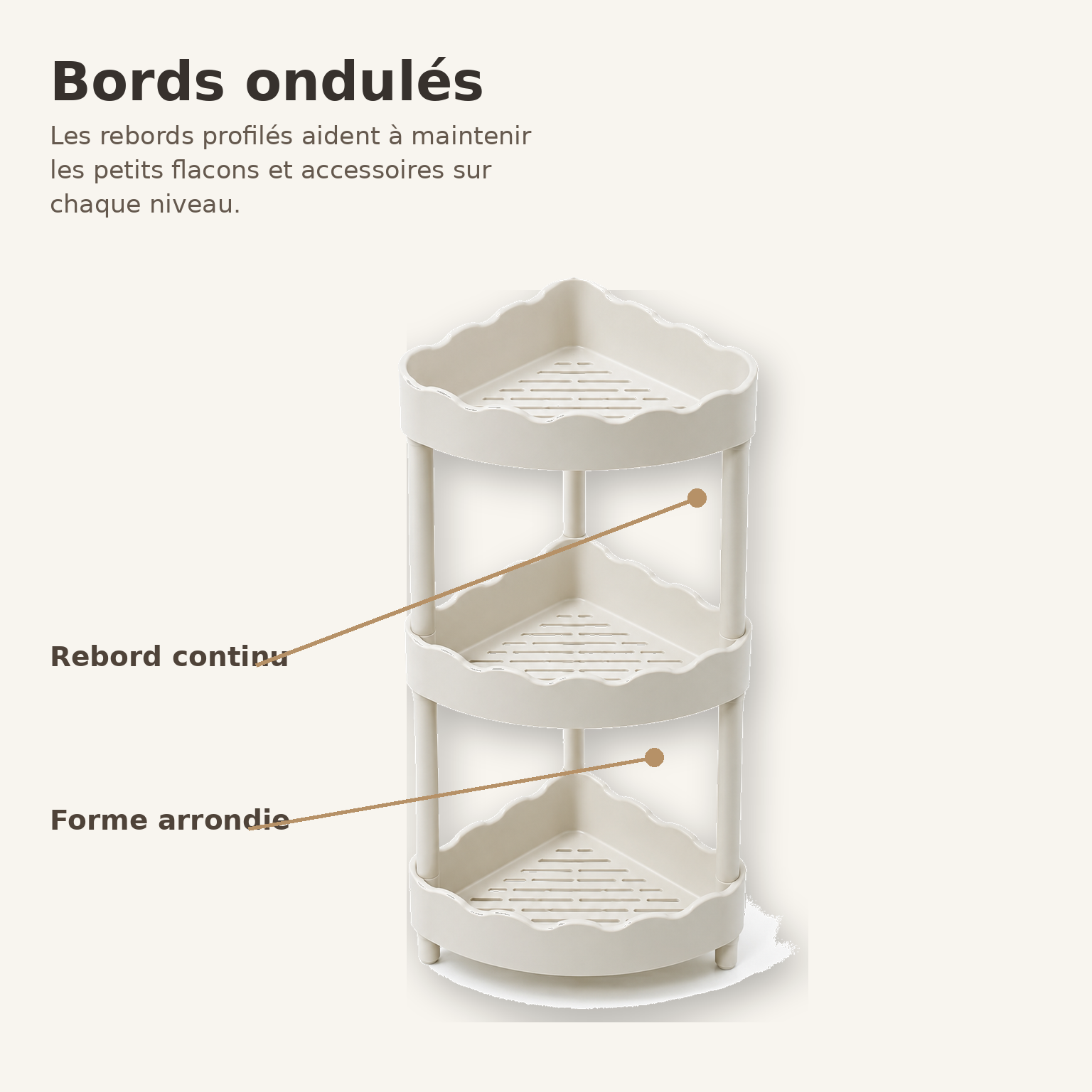 Étagère d’Angle de Douche 3 Niveaux à Bords Ondulés – Ivoire