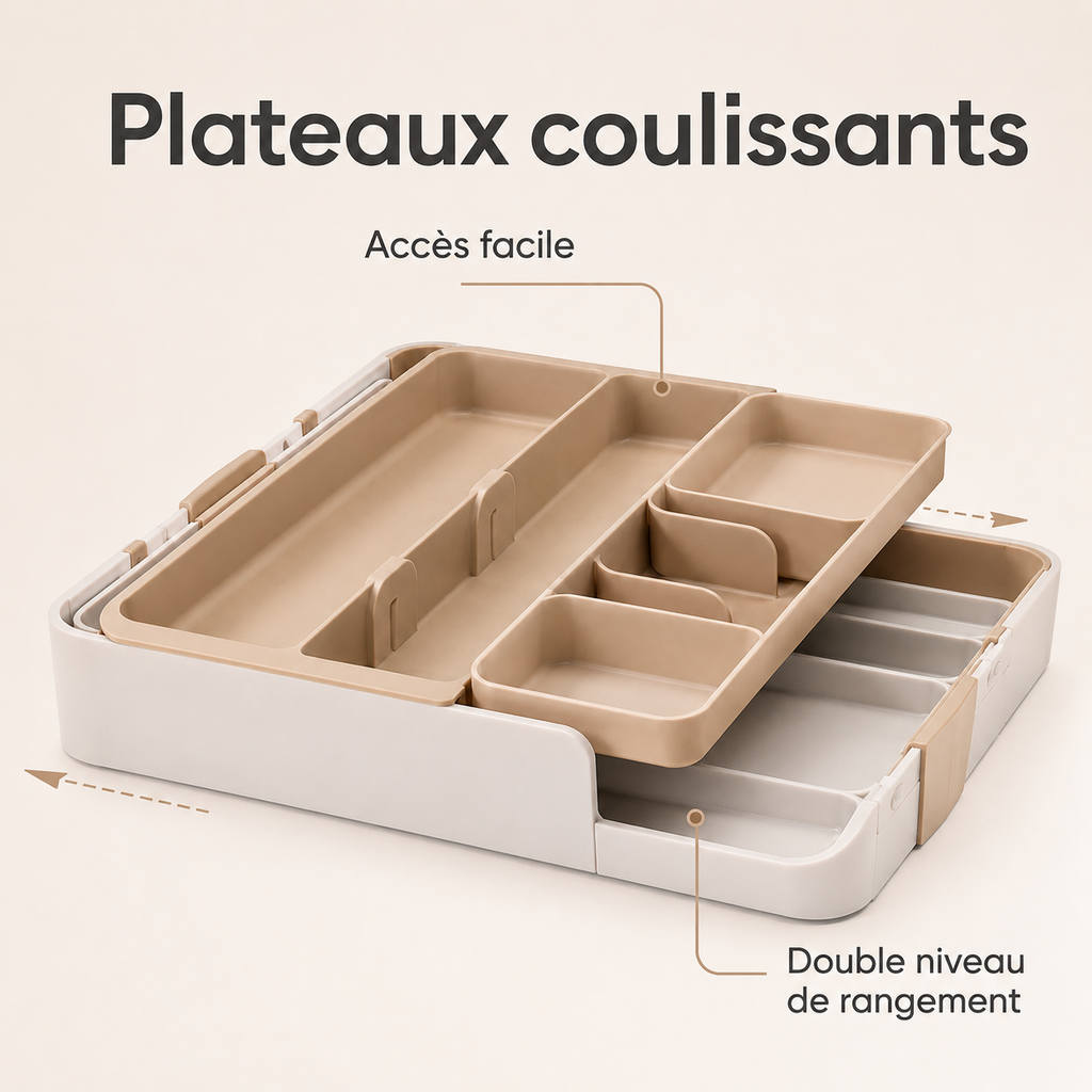 Organisateur de Tiroir Modulable à Plateaux Coulissants – Beige