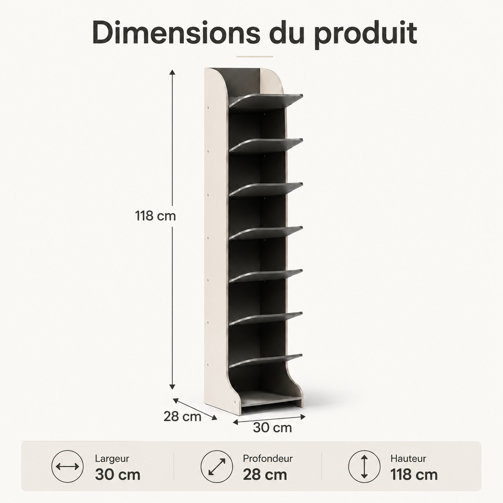 Étagère à Chaussures Verticale 7 Niveaux – Beige et Anthracite