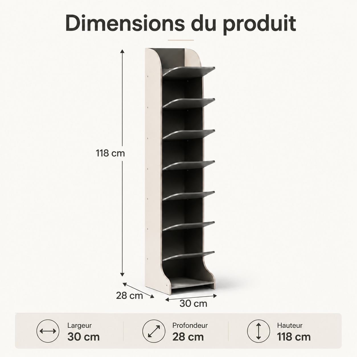 Étagère à Chaussures Verticale 7 Niveaux – Beige et Anthracite