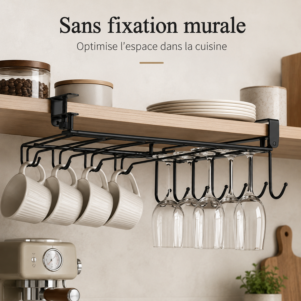 Support Sous Étagère pour Tasses et Verres – Métal Noir