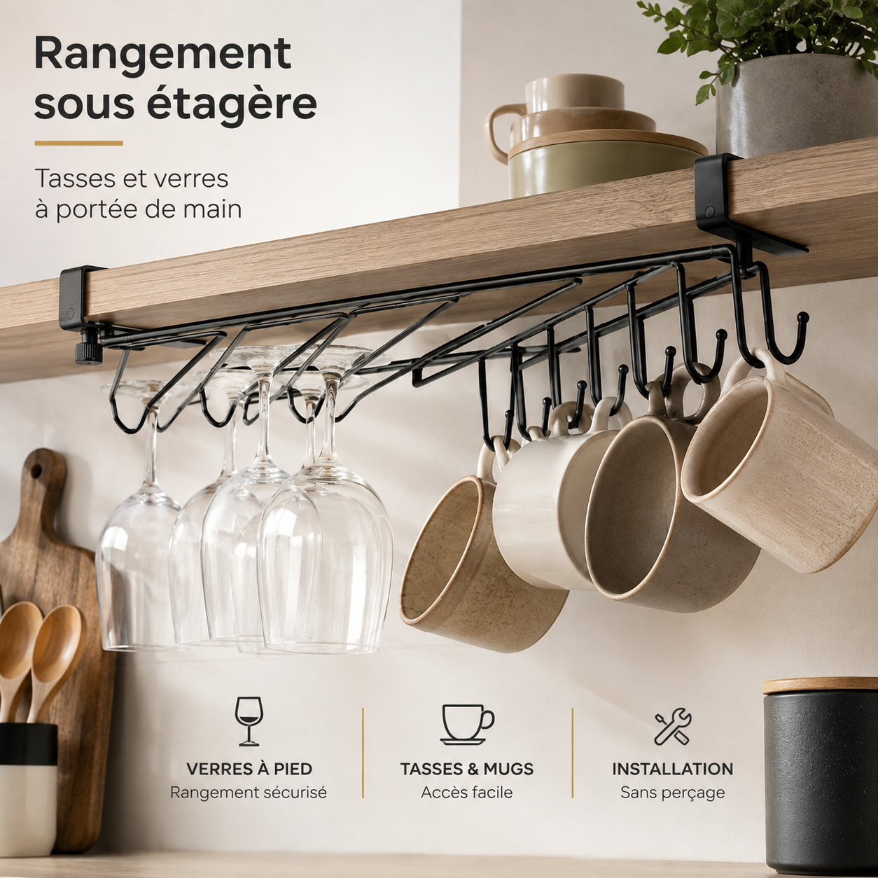 Support Sous Étagère pour Tasses et Verres – Métal Noir