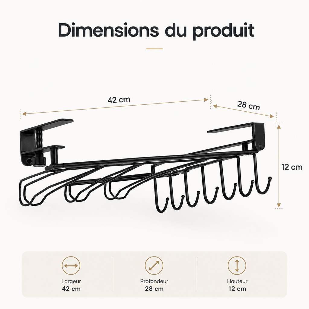 Support Sous Étagère pour Tasses et Verres – Métal Noir
